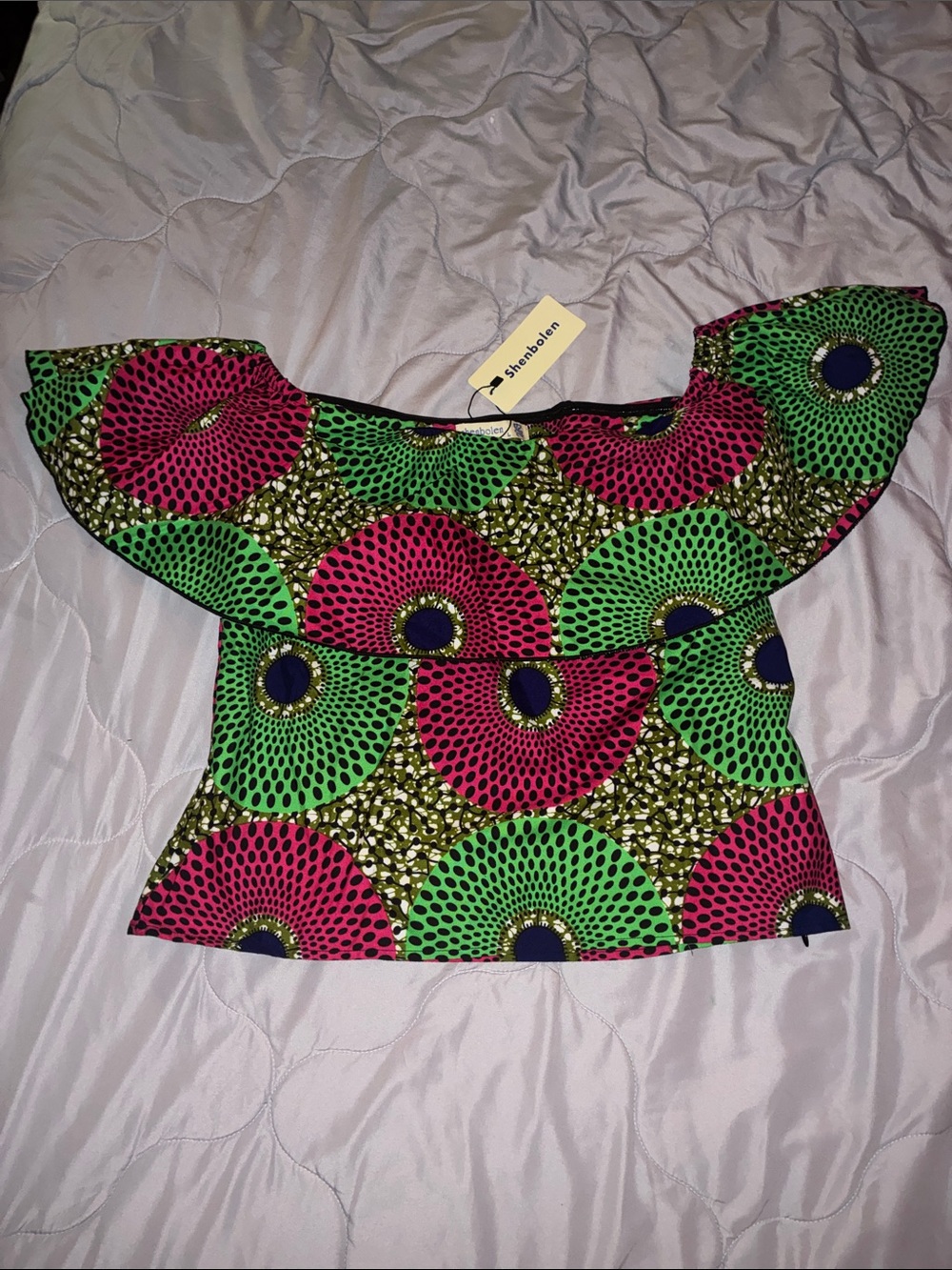 Off-Shoulder Ruffle Crop Top in Green & Pink Ankara Print